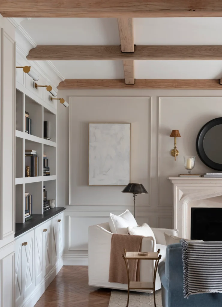 Panel Moulding in a Living Room with Beams and a FIreplace scaled 1