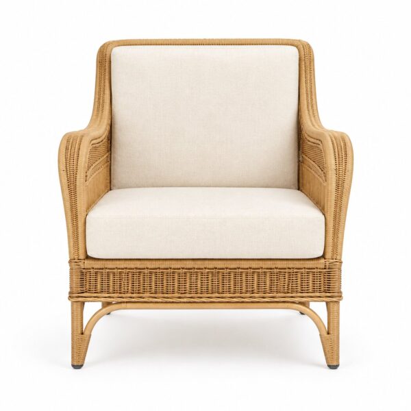 Palma rattan lounge chair with ivory cushions, front view