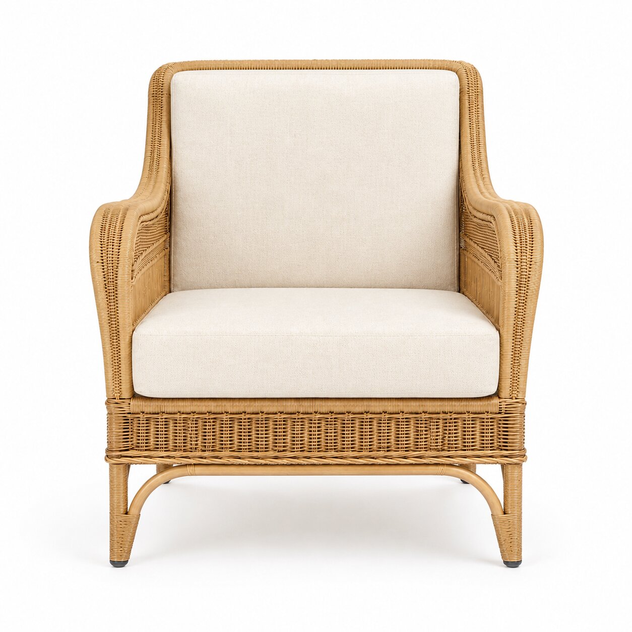 Palma Rattan Lounge Chair 2 Palma rattan lounge chair with ivory cushions, front view