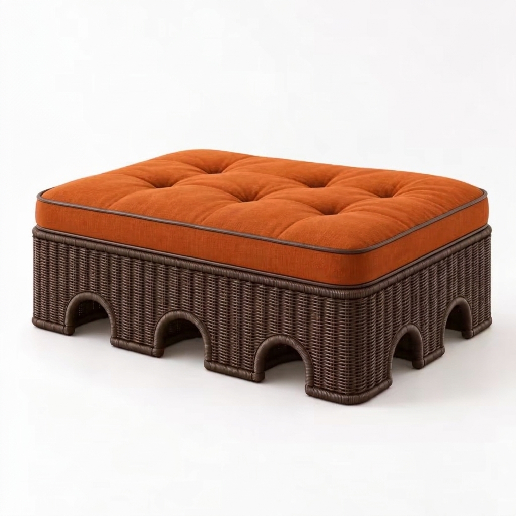 AQWAS Ottoman 5 AQWAS rattan ottoman in dark espresso rattan with a burnt orange tufted cushion
