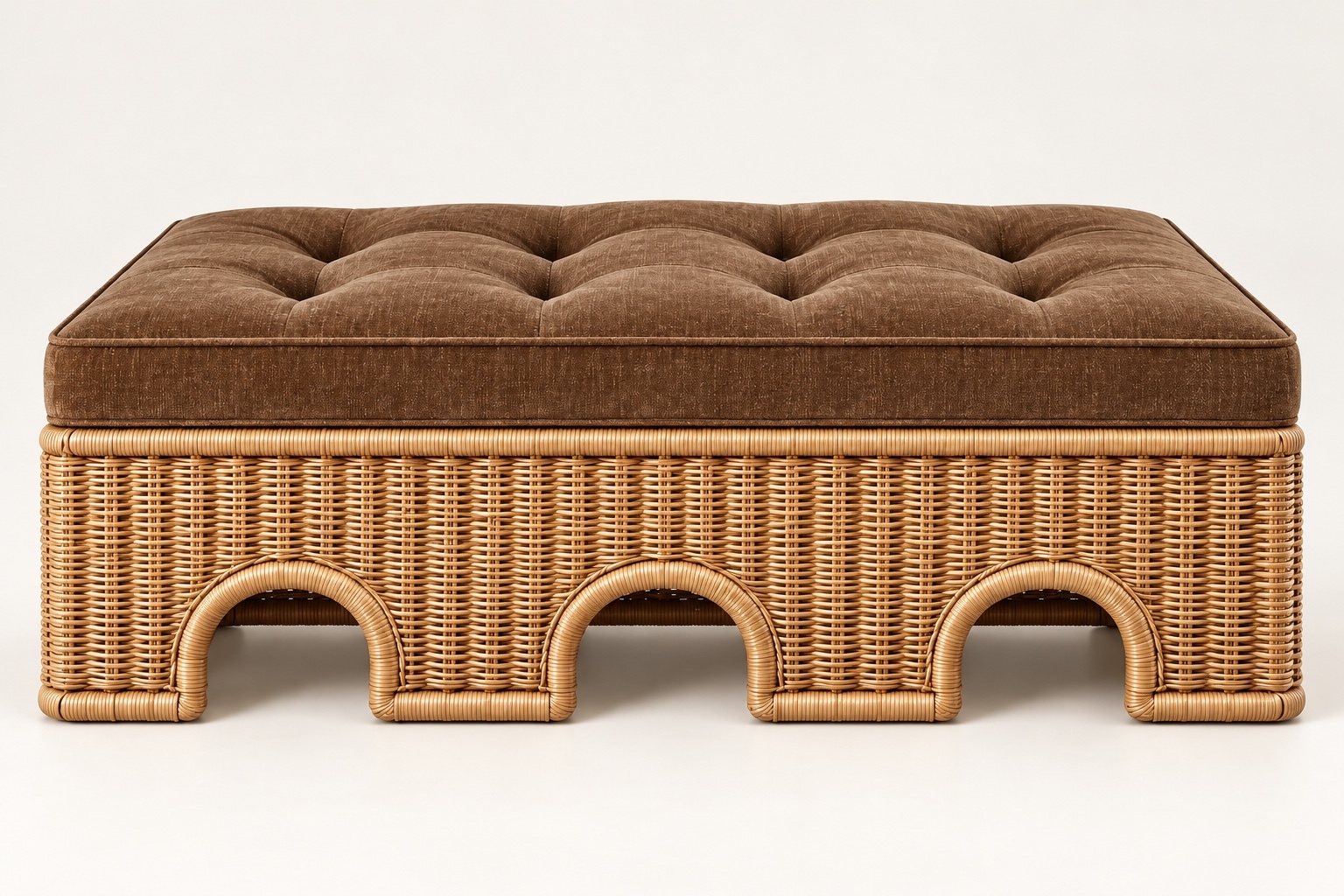 AQWAS Ottoman 4 AQWAS rattan ottoman front view in natural rattan with a chestnut velvet cushion