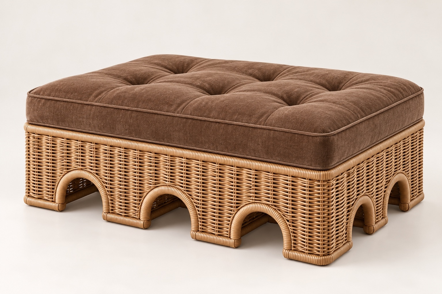 AQWAS Ottoman 3 AQWAS rattan ottoman in natural rattan with a chestnut velvet tufted cushion