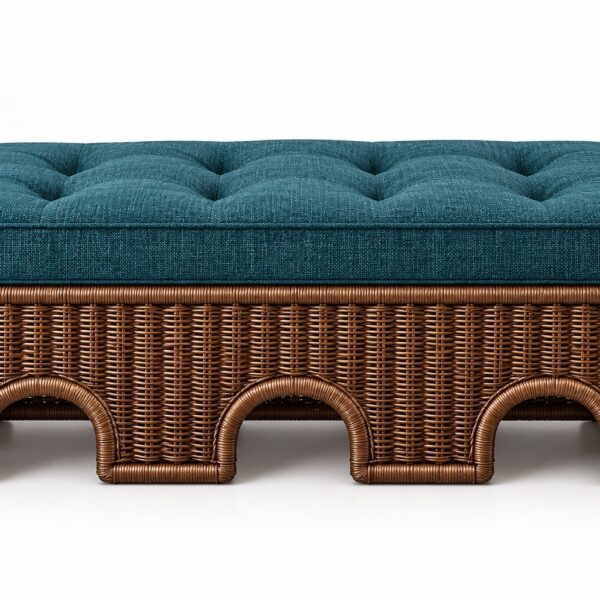 AQWAS rattan ottoman front view showing the arched openings and teal tufted cushion