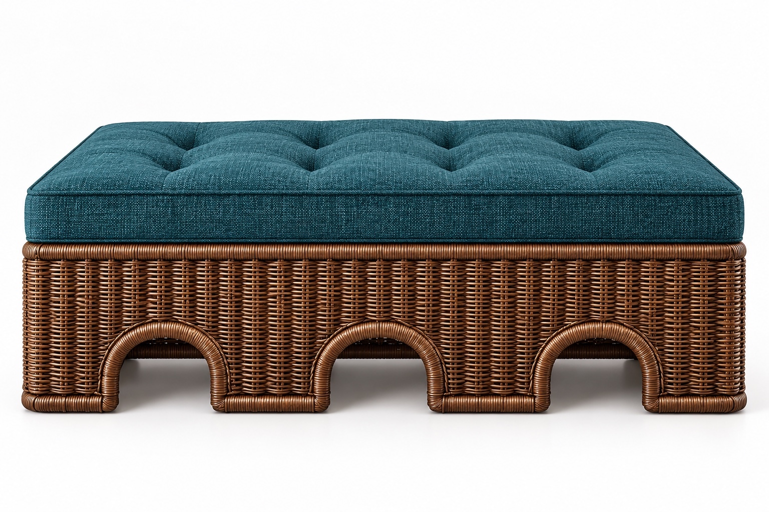 AQWAS Ottoman 2 AQWAS rattan ottoman front view showing the arched openings and teal tufted cushion