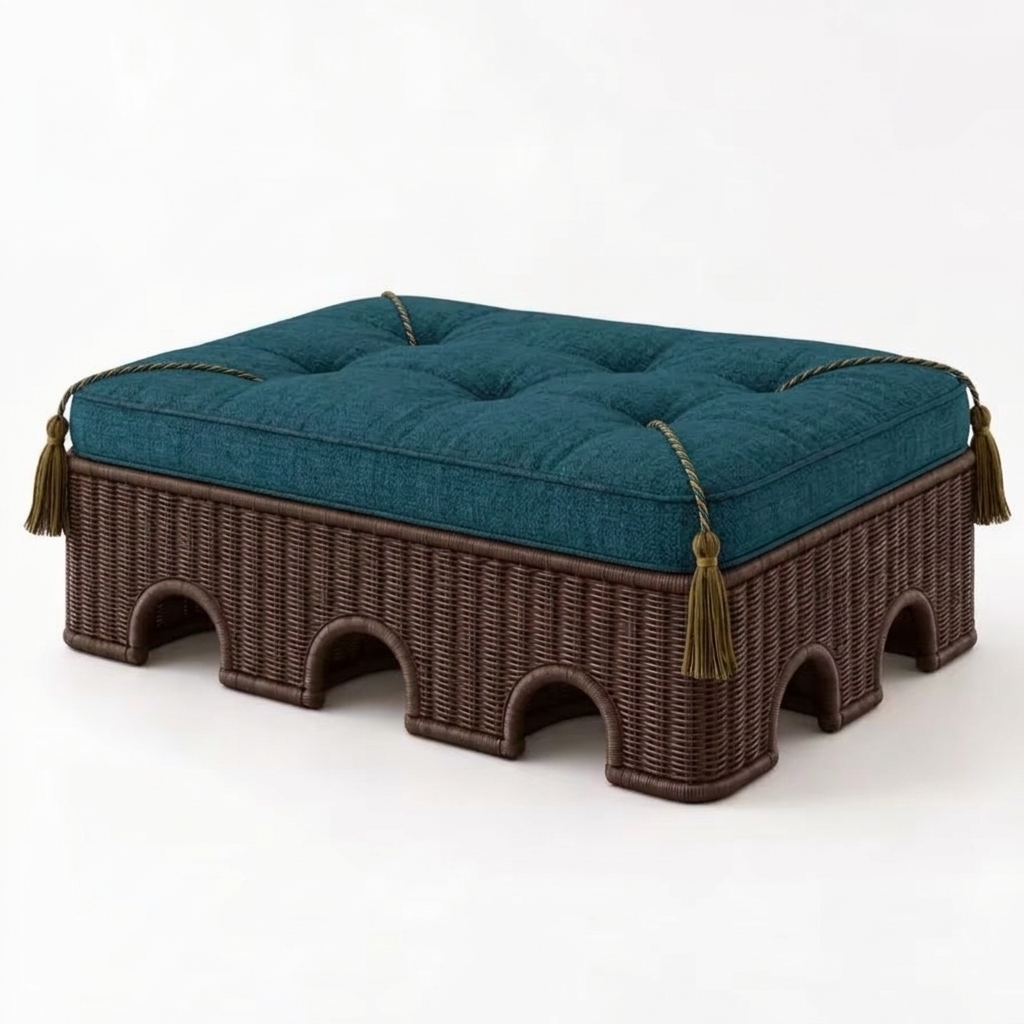 AQWAS Ottoman 6 AQWAS rattan ottoman in dark espresso rattan with a teal cushion and corded tassel trim